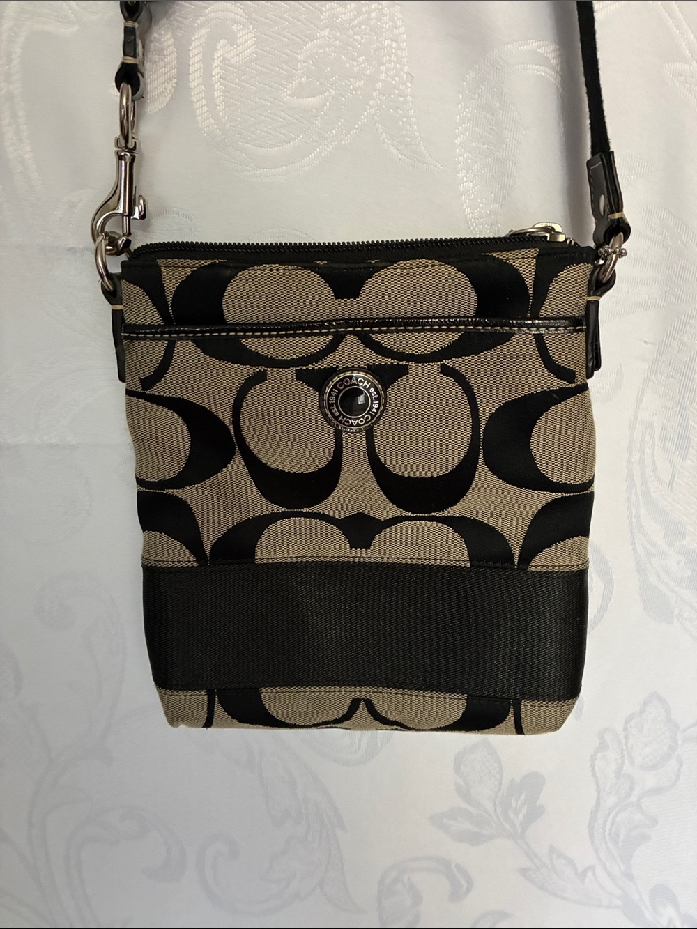 Coach Tan and Black Signature Crossbody Pouch